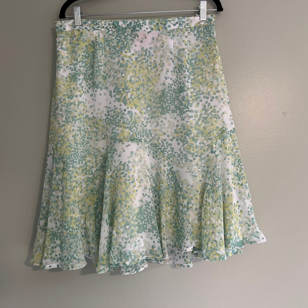 Ruby Rd Petite Green Yellow Dot Flounce Hem Midi Skirt 12P Elastic Back Zipper